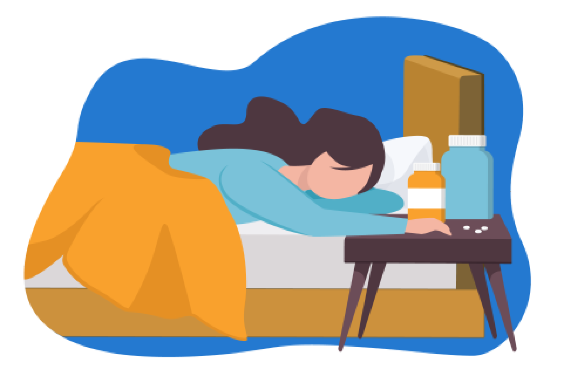 Ilustração de uma mulher deitada na cama, alcançando frascos de medicamentos.